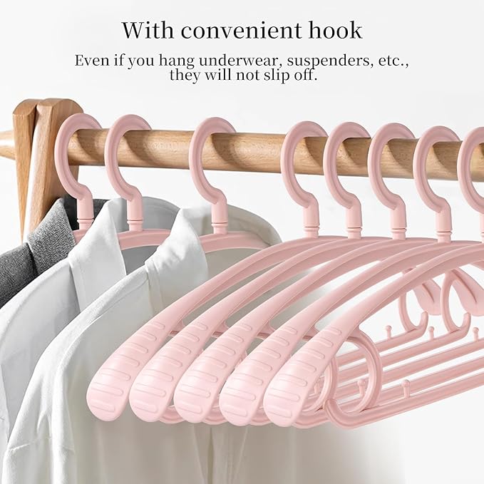 Plastic Clothes Hanger, Extra Thick Plastic Wide Shoulder Adult 360 Degrees Rotate Slip Resistant Standard Clothing Hanger Ideal for Everyday Use Pink 10 Pack