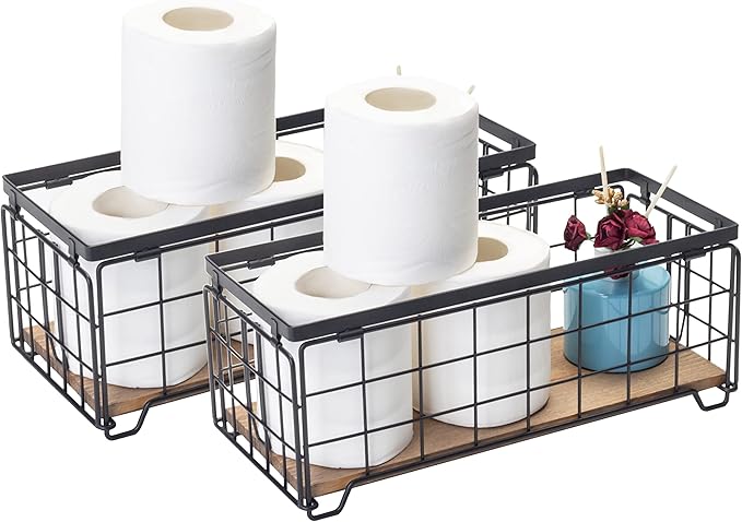 TIEYIPIN Metal Wire Storage Basket, Toilet Paper Roll Holder Wood Base Countertop Decor Box Toilet Tank Shelf Cabinet Organizer for Bathroom Pantry Garage Bedroom Livingroom (Black (2 Pack))