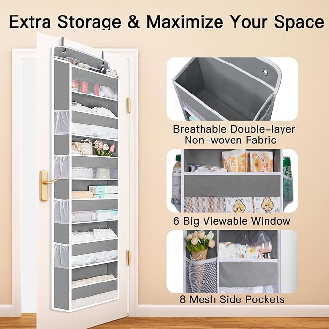 WishJazz Over The Door Organizer 6 Large Pockets, 50 lbs Heavy Duty Hanging Organizer Storage, Behind Door Closet Organizer and Storage for Nursery, Bedroom, Bathroom, Toys Cosmetics Sundries Grey