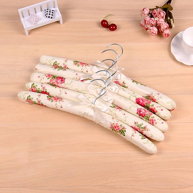 5 Pack Satin Padded Hangers for Women Clothing, Anti Slip Sponge Fabric Clothing Hangers Coat Racks for Sweater, Coat, Suit, Dress (5-Color_B)