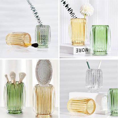 DASITON Makeup Brush holder Organizer,Crystal Cosmetic Makeup Brush Glass Brushes Storage Holder, Vintage Make Up Brush Cup striped vase(Green)