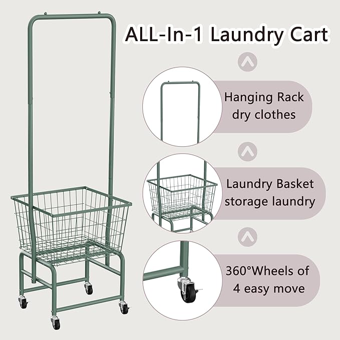 Rolling Laundry Cart with Wheels, Laundry Hamper Basket Organizer with Clothes Hanging Rack, Wire Storage Cloth Shelf Butler, Green