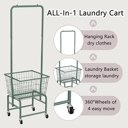 Rolling Laundry Cart with Wheels, Laundry Hamper Basket Organizer with Clothes Hanging Rack, Wire Storage Cloth Shelf Butler, Green