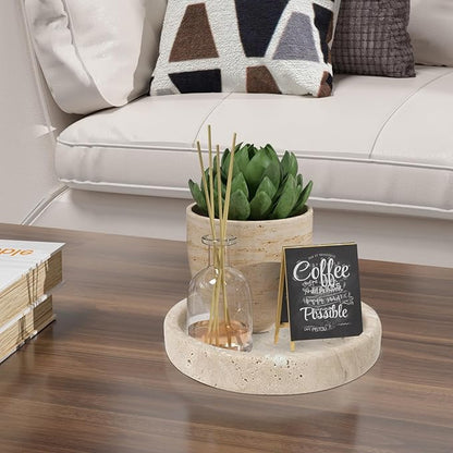 Travertine Tray, Small Ceramic Vanity Tray for Bathroom Counter Decor, Round Marble Decorative Trays for Coffee Table (Beige, Small Size)