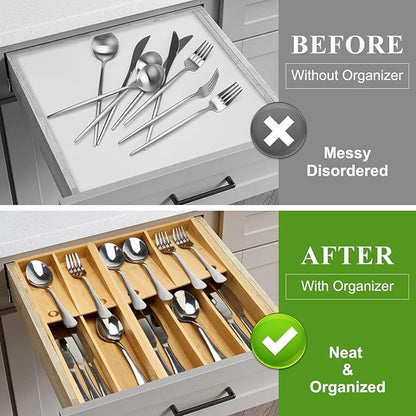 Small Bamboo Silverware Organizer for Drawer Utensil Tray Wood Cutlery Organizer Holder Narrow Flatware Caddy Wooden Kitchen Utensil Cutlery Drawer Skinny Fork and Spoon Silverware Organizer Tray