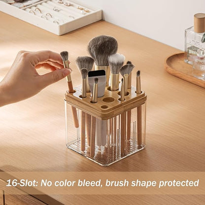 Clear Makeup Brush Organizer with Lid, Freestanding 16-Slot Display Case Container Storage for Eyeliners, Lip Liners, Pencils Vanity or Bathroom Countertop Storage