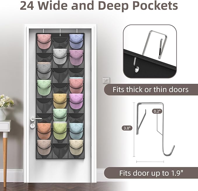 Hat Organizer Racks for Baseball Caps, 24 Deeper Pockets Baseball Hat Rack, Cap Rack, Hat Rack for Door with 3 Hooks