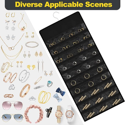 Hanging Jewelry Organizer with Multi-size pockets Double-Sided Jewelry Holder for Earrings, Necklaces, Rings on Closet, Wall, Door,Jewelry Organizer Hanging for Closet, Black