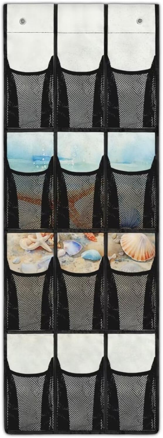 Versatile 12-Pocket Behind The Door Hanging Organizer, Made of Oxford Cloth, Waterproof Foldable and Perfect for Bathroom Bedroom Closet Storage, Beach Starfish Seashell Print