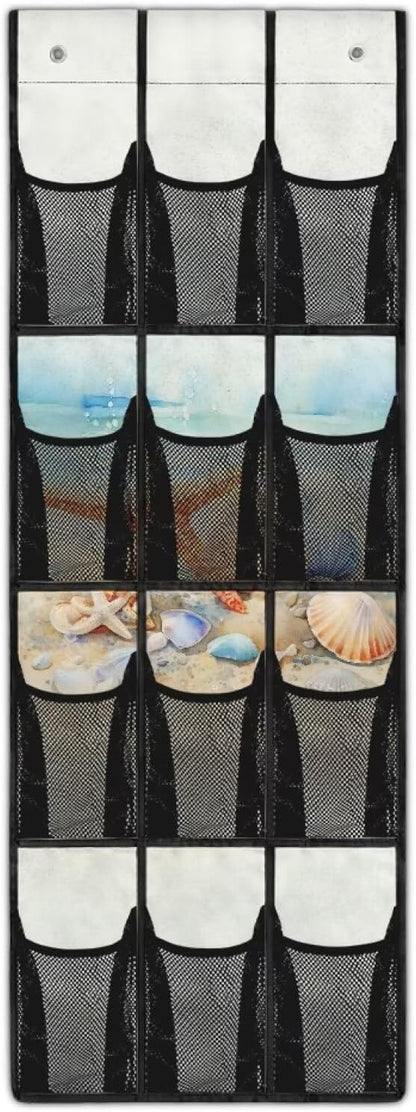 Versatile 12-Pocket Behind The Door Hanging Organizer, Made of Oxford Cloth, Waterproof Foldable and Perfect for Bathroom Bedroom Closet Storage, Beach Starfish Seashell Print