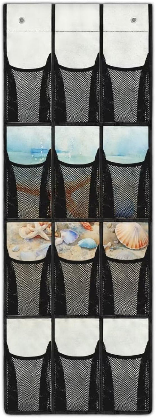 Versatile 12-Pocket Behind The Door Hanging Organizer, Made of Oxford Cloth, Waterproof Foldable and Perfect for Bathroom Bedroom Closet Storage, Beach Starfish Seashell Print