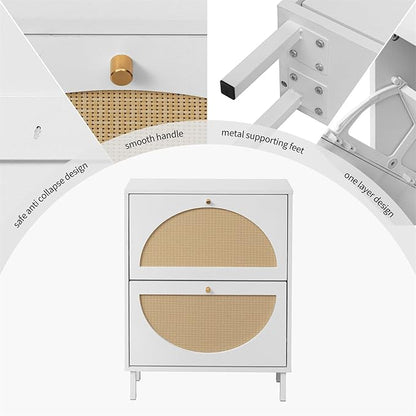 ZeHuoGe Rattan Shoe Cabinet with 2 Flip Drawers, Entrance Hallway Slim Entryway Organizer, White Rack Storage for Heels, Slippers