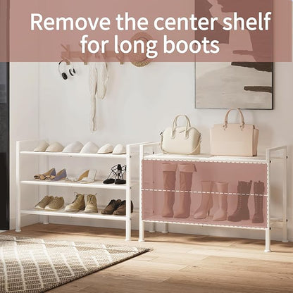3-Tier Metal Shoe Rack, Sturdy Floor-Mounted Storage Organizer for Closet Entryway Garage Dorm Room, Easy Assembly Multi-Purpose Shelf, White