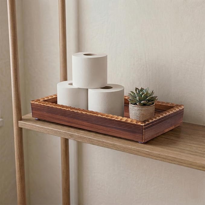 Bathroom Counter Organizer Tray, Wooden Countertop Vanity Trays with Beaded Edge, Farmhouse Decorative Tray Stand for Toilet Tank Candle Sink Kitchen Coffee Bar