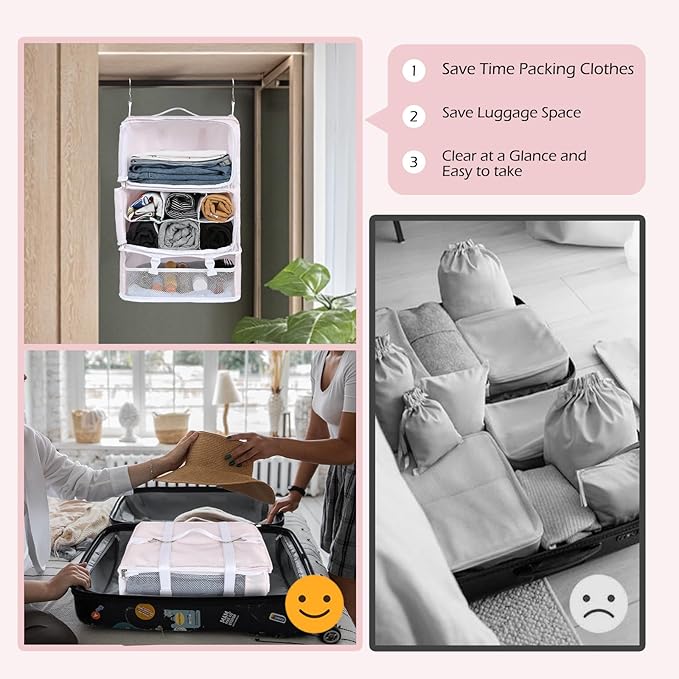 Surblue Hanging Shelves Travel Storage Bag Compression Packing Cube for Suitcase Portable Closet Organizer Collapsible with Extension Layer Large Capacity,Pink,XXL