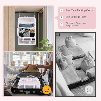 Surblue Hanging Shelves Travel Storage Bag Compression Packing Cube for Suitcase Portable Closet Organizer Collapsible with Extension Layer Large Capacity,Pink,XXL