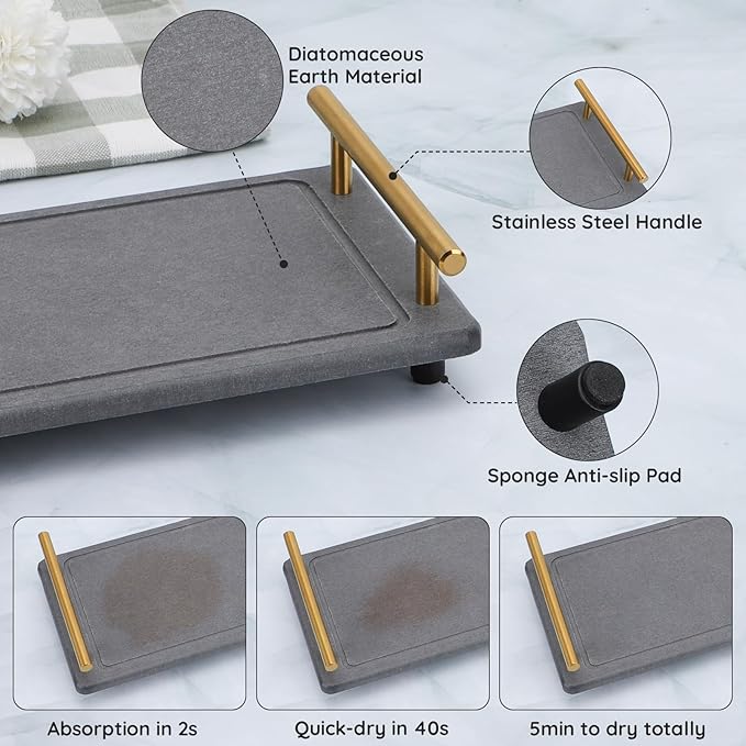 Segbeauty 12x6 Bathroom Counter Tray, Quick Dry Water Absorbing Stone Drying Tray with Handle, Fast Drying Diatomaceous Bathroom Tray Soap Dispenser Organizer Drying Stone Kitchen Bathroom Countertop
