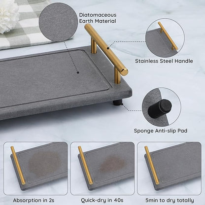 Segbeauty 12x6 Bathroom Counter Tray, Quick Dry Water Absorbing Stone Drying Tray with Handle, Fast Drying Diatomaceous Bathroom Tray Soap Dispenser Organizer Drying Stone Kitchen Bathroom Countertop