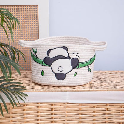 SHCMSADO Cute Panda Cotton Rope Storage Basket – Round Toy Basket with Handles, Delicate and Durable Shelf Organizer for Toys, Clothes, Closet, 10.63 x 7.08 Inches, White