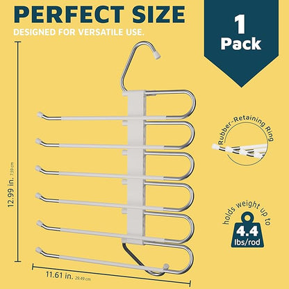 Lifemaster Space Saving Pants Hangers 1 Pack, 6 Layer Jeans Hangers & Closet Organizer for Jeans, Scarves, & Skirts, Multi-Layer Hanger with Anti-Slip Stopper, Heavy-Duty S-Type Stainless Steel, White