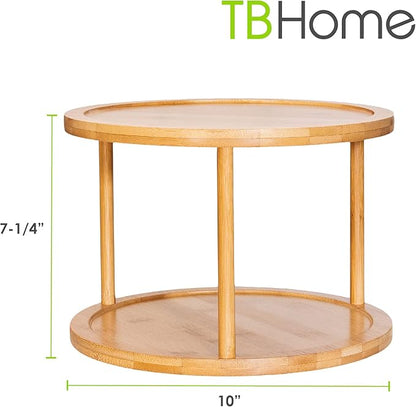 TB Home Two-Tier Bamboo Wood Lazy Susan Organizer Kitchen Turntable for Cabinet, Table or Pantry Organization, 10" Diameter & 7-1/4" High