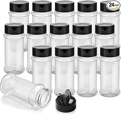 TUZAZO 24 Pcs Spice Bottles Plastic Seasoning Containers, 3 Oz Clear Plastic Spice Jars with Shaker Lids Empty for Spice & Herbs, Powders, Glitters, BPA Free | Heavy Duty | Wide Mouth | Dual Flaps