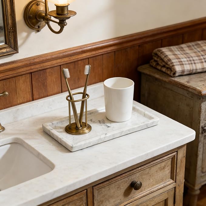 Marble Tray, Stone Bathroom Tray for countertop, Small White Marble Vanity Tray for Perfume, Skincare & Bathroom Accessories