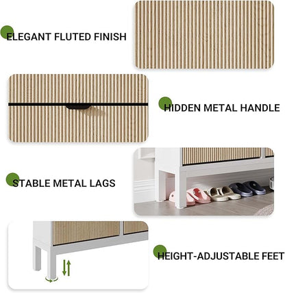 IDEALHOUSE Shoe Storage Cabinet with 4 Flip Drawers, Farmhouse Fluted Shoe Organizer with Metal Legs, Freestanding Hidden Slim Narrow Shoe Rack for Entryway, Foyer, Hallway