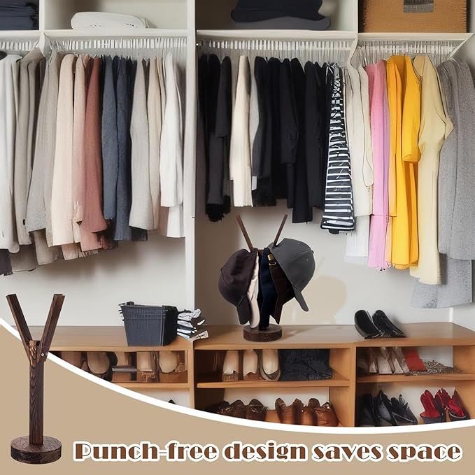 Chunful 1 Pcs Hat Stand for 10 Baseball Caps Tabletop Hat Display Rack Vertical Cap Storage Holder Organizer Hanger, No Punching Required, Easy to Install for Bedroom, Closet, Dresser, Office (Wood)