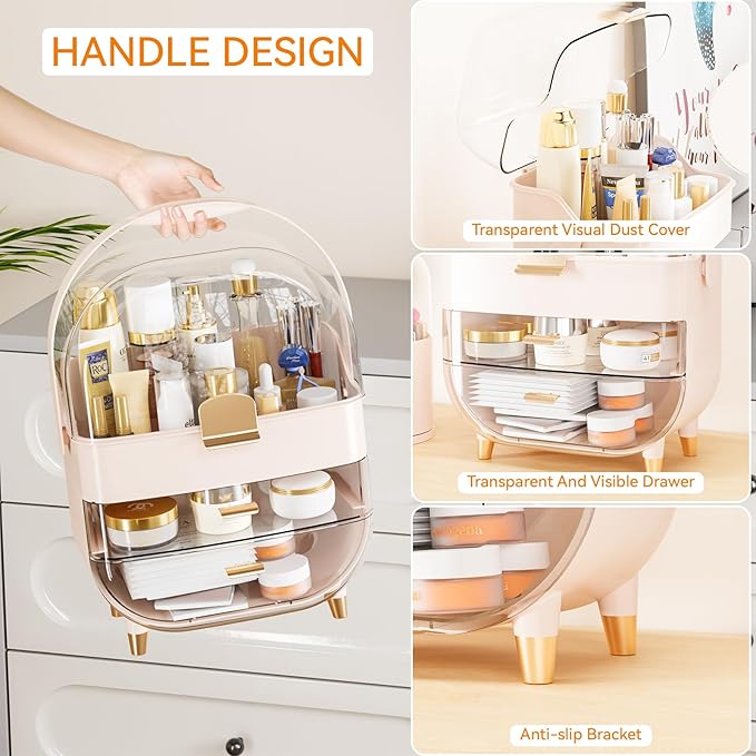 Yieach Countertop Makeup Organizer for Vanity,Large Capacity Skincare Organizers With Drawers and Makeup Brush Holder,Cosmetic Display Cases with Clear Cover for Bathroom,Dresser,Beauty Product,Pink