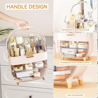 Yieach Countertop Makeup Organizer for Vanity,Large Capacity Skincare Organizers With Drawers and Makeup Brush Holder,Cosmetic Display Cases with Clear Cover for Bathroom,Dresser,Beauty Product,Pink