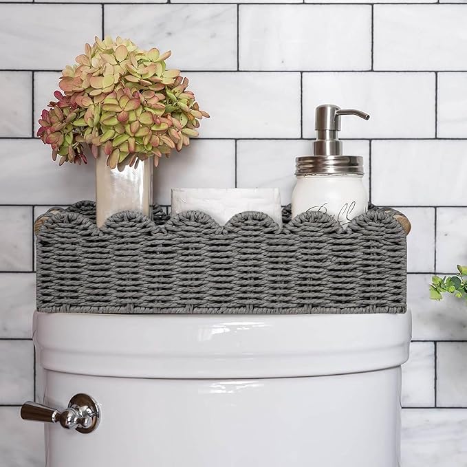 CubesLand Bathroom Basket Organizer, Toilet Tank Paper Storage Baskets 2-Pack, Scalloped Decorative Basket for Countertop w/Handle, Wicker Basket for Bathroom Decor, Home Decor, Living Room, Grey