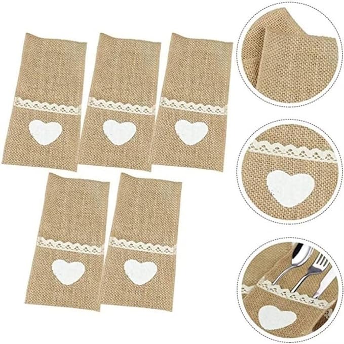 50PCS Burlap Lace Cutlery Pouch Wedding Tableware Party Decoration Holder Bag Hessian Rustic Party Supplies Decor
