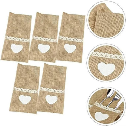 100PCS Burlap Lace Cutlery Pouch Wedding Tableware Party Decoration Holder Bag Hessian Rustic Party Supplies Decor