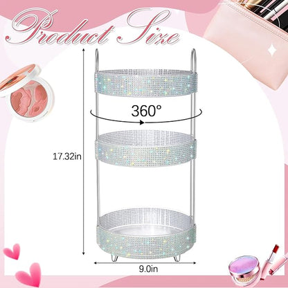 Honeydak 360 Rotating Perfume Organizer for Mother Day Nurse Day Rhinestone Bathroom Counter Organizer Makeup Holder Skincare and Perfume Storage for Cosmetic Countertop(3 Tiers,Resin Stone,Silver)