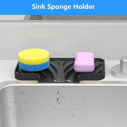 Sponge Holder for Kitchen Sink, Dish Sponge Holder & Soap Tray with Drain, Bathroom Sink Sponge Drying Rack & Perfect Organizer for Dispenser,Bottle,Cup on Sinks or Counter(8"x 4"Black)