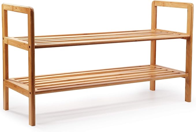 Mosa Natural Bamboo 2-Tier Shoe Rack (27.6" X 10.2" X 15.7"), Wood Shoe Shelf Wooden Shoe Storage Organizer