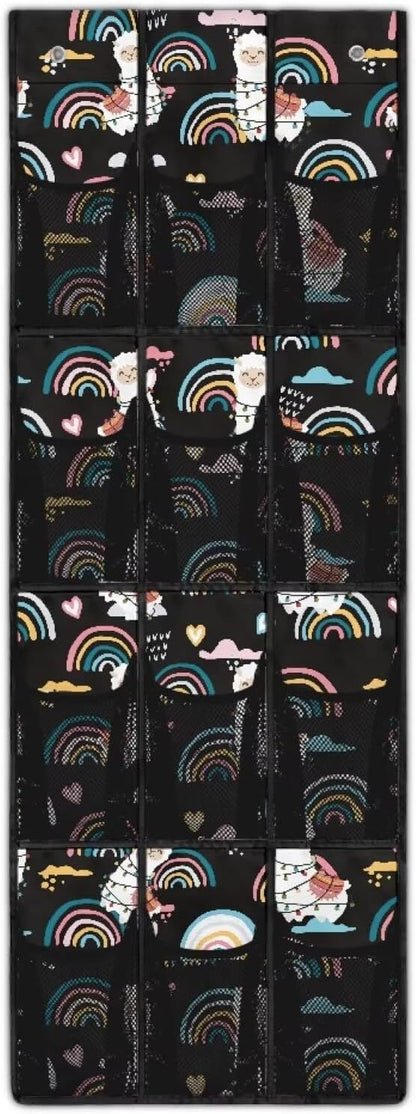 Black Behind Door Organizer 12 Pockets Door Hanging Shoe Organizer for Bedroom Space Saving Rainbow Multi-Funtion Storage Bag Large Capacity Alpaca Wall Hanging Storage
