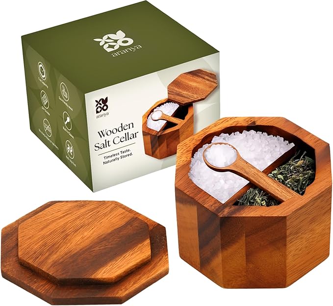 ARANYA Wooden Pepper and Salt Cellar with Lid and Spoon Set Keeper Two Compartments Spice Seasoning Wood 7oz. Container for Countertop Kitchen Storage Sea Salt Box Holder with Anti-Slip Feet Slip