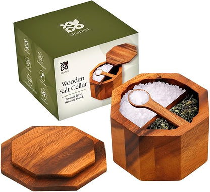 ARANYA Wooden Pepper and Salt Cellar with Lid and Spoon Set Keeper Two Compartments Spice Seasoning Wood 7oz. Container for Countertop Kitchen Storage Sea Salt Box Holder with Anti-Slip Feet Slip