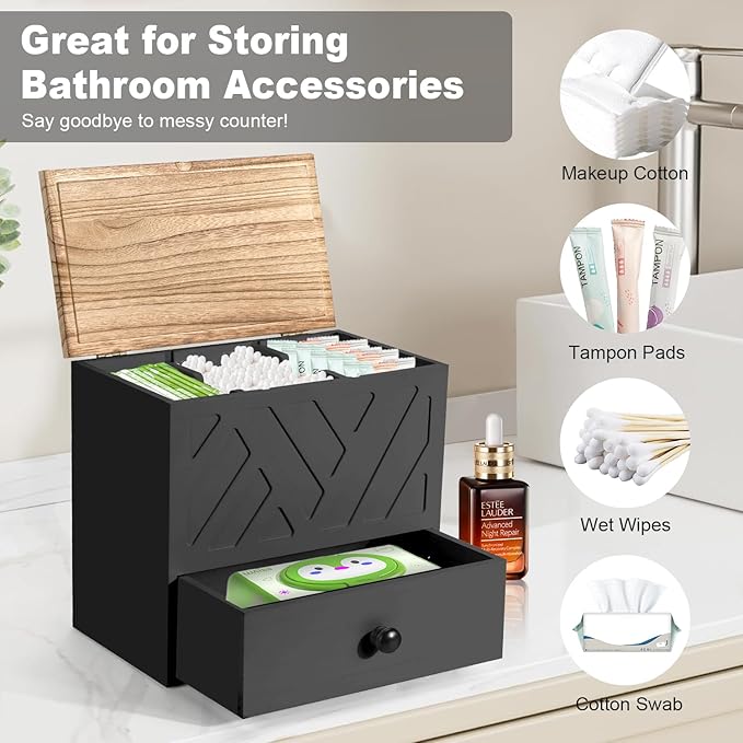 Tampon Holder for Bathroom, Feminine Product Organizer with Lid and Drawer, Wooden Shark Week Pad Storage, Tampon Organizer for Toilet Tank Countertop Decor, Girl Stuff Box Toilet Bathroom Accessories