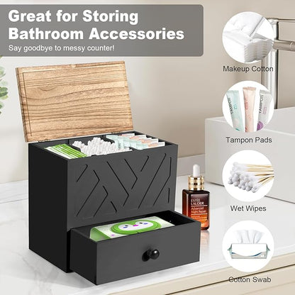 Tampon Holder for Bathroom, Feminine Product Organizer with Lid and Drawer, Wooden Shark Week Pad Storage, Tampon Organizer for Toilet Tank Countertop Decor, Girl Stuff Box Toilet Bathroom Accessories