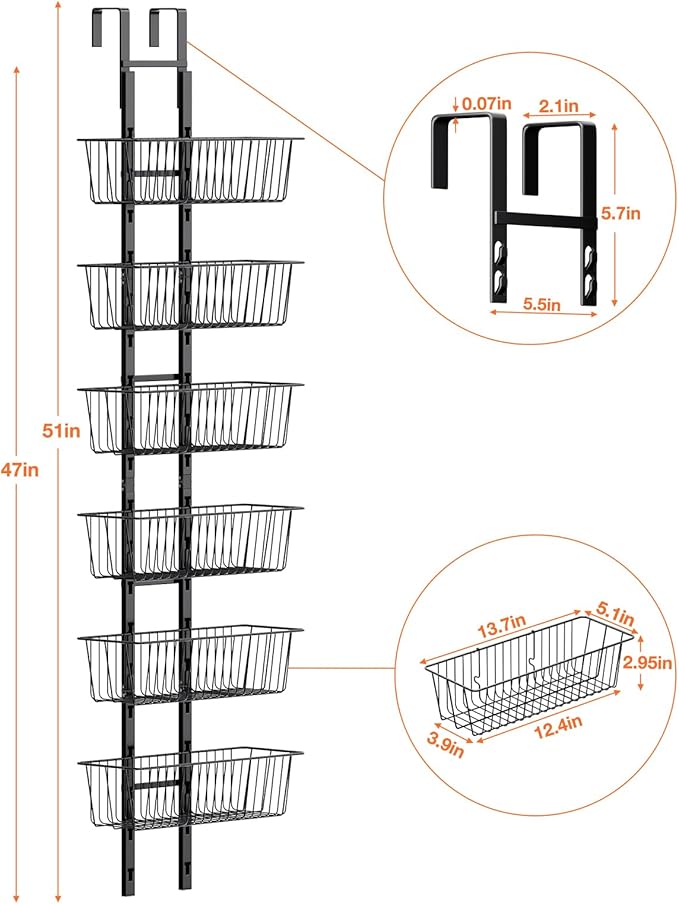 6 Tier Over the Door Pantry Organizer, Over the Door Spice Rack with Adjustable Baskets, Metal Hanging Door Pantry Organizers and Storage for Kitchen Bathroom Bedroom, Black