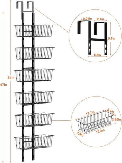 6 Tier Over the Door Pantry Organizer, Over the Door Spice Rack with Adjustable Baskets, Metal Hanging Door Pantry Organizers and Storage for Kitchen Bathroom Bedroom, Black
