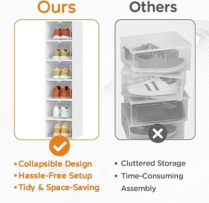GUDEMAY Drop Front Shoe Storage Box, No Assembly Stackable Shoe Organizer Storage Bin with Clear Door, Free Standing Shoe Shelf Cabinet with Lid, Plastic Shoe Rack for Closet Entryway, 6-Tier
