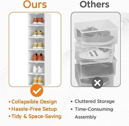 GUDEMAY Drop Front Shoe Storage Box, No Assembly Stackable Shoe Organizer Storage Bin with Clear Door, Free Standing Shoe Shelf Cabinet with Lid, Plastic Shoe Rack for Closet Entryway, 6-Tier