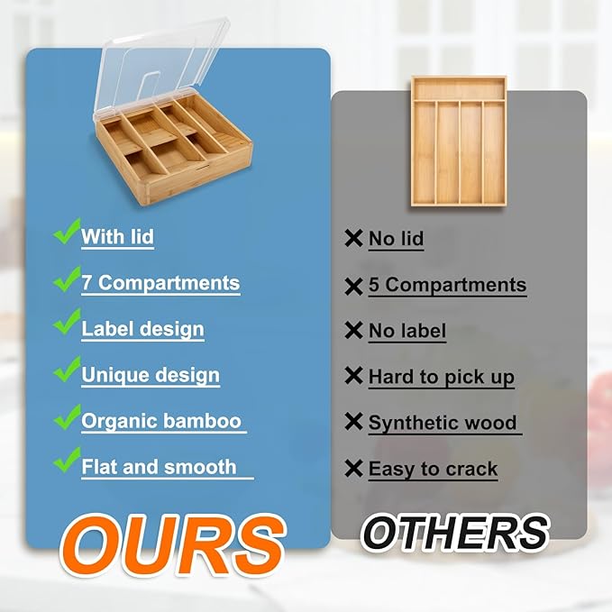 Bamboo Kitchen Drawer Organizer, Silverware Utensil Tray Holder, Extra Deep Grooved Drawer Divider, 7 Slots Total Bamboo Wood Caddy for Flatware Cutlery Knives, Forks, Spoons Eco-Friendly