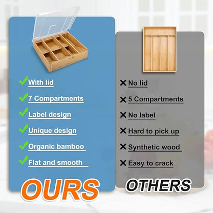 Bamboo Kitchen Drawer Organizer, Silverware Utensil Tray Holder, Extra Deep Grooved Drawer Divider, 7 Slots Total Bamboo Wood Caddy for Flatware Cutlery Knives, Forks, Spoons Eco-Friendly