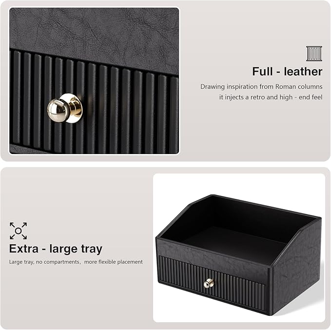 LADSTAG Vanity Organizer,Leather Skin Organizers with 1 Drawer&Tray,Large Capacity Black Vanity Organizers and Storage for Lipstick,Bedroom,Bathroom,Mothers Day Gifts,Gift for Women
