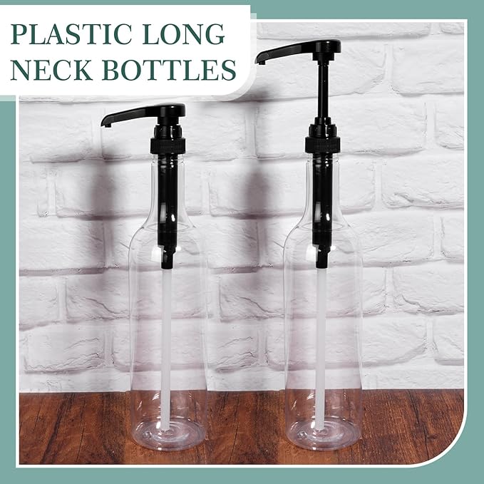 Maxdot 6 Pcs 25 oz Syrup Bottles with Pump Long Neck Bottles Plastic Syrup Pump Dispenser for Coffee Bar Accessories Home Party (Black)